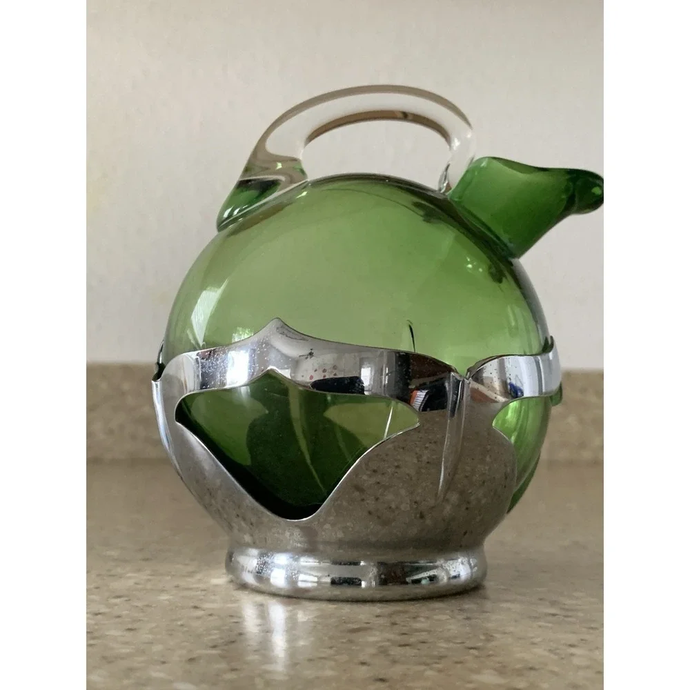 Cambridge Glass Farber Bros Tilt Green Ball Decanter Krome Kraft Art Deco 1930s